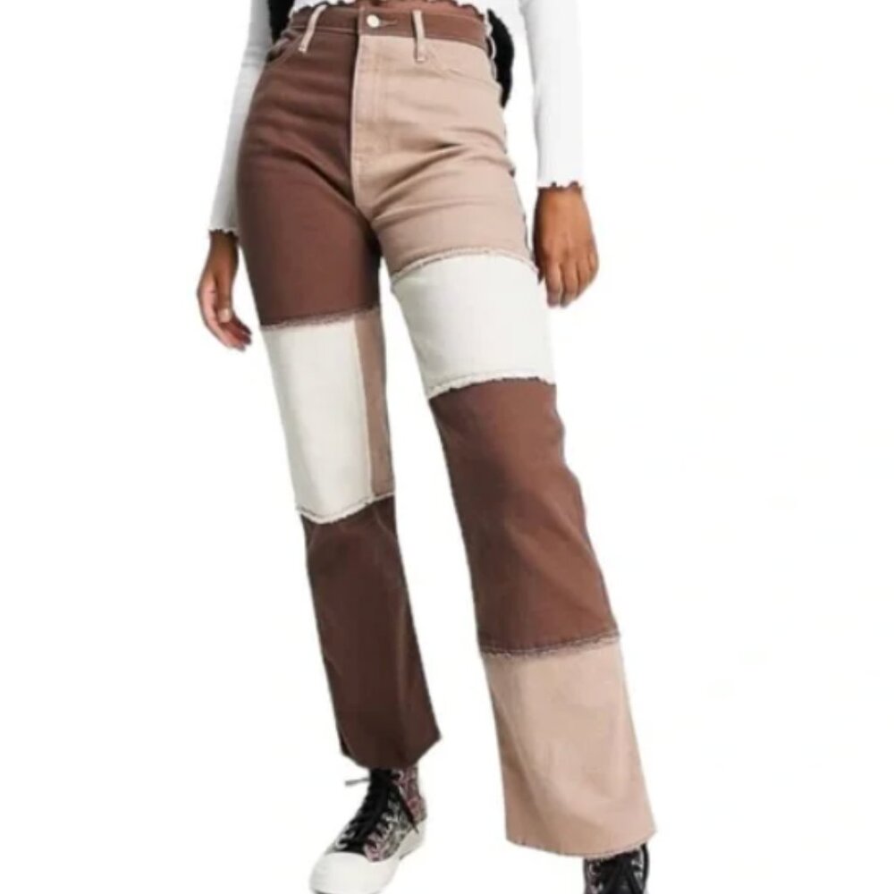 Hollister Patchwork Frayed Colorblock Brown White High Rise Denim Jeans